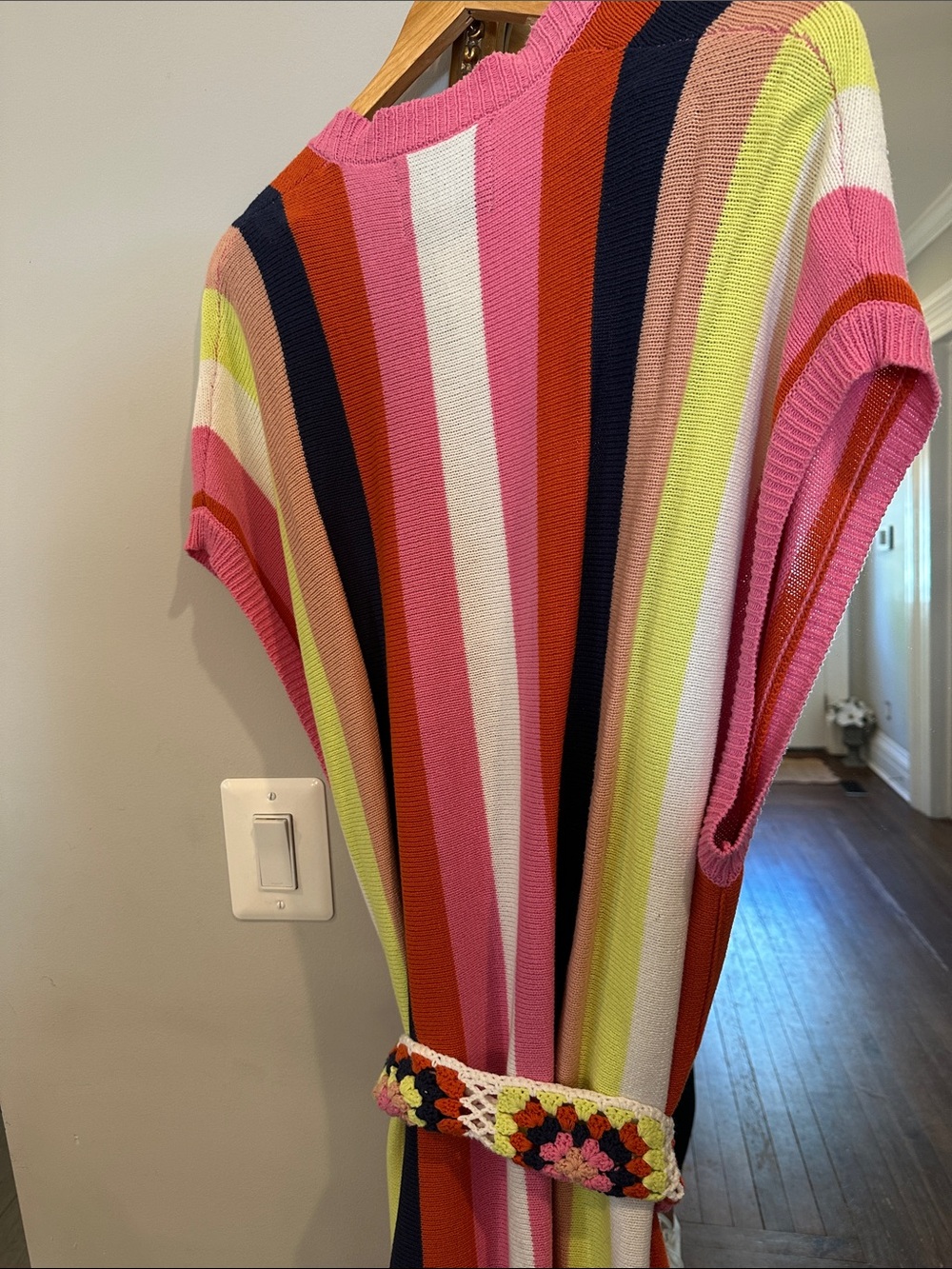Striped Knit Duster with Crochet Belt - Multicolor - Picture 6 of 6